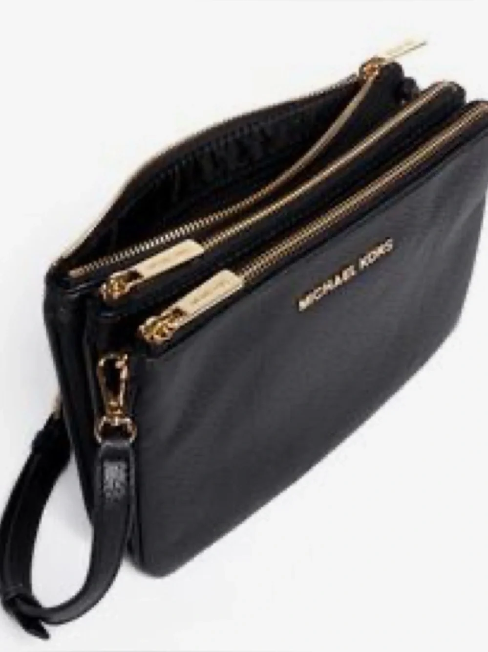 Michael Kors Black Pebbled Triple-Zip Wristlet with Gold Hardware